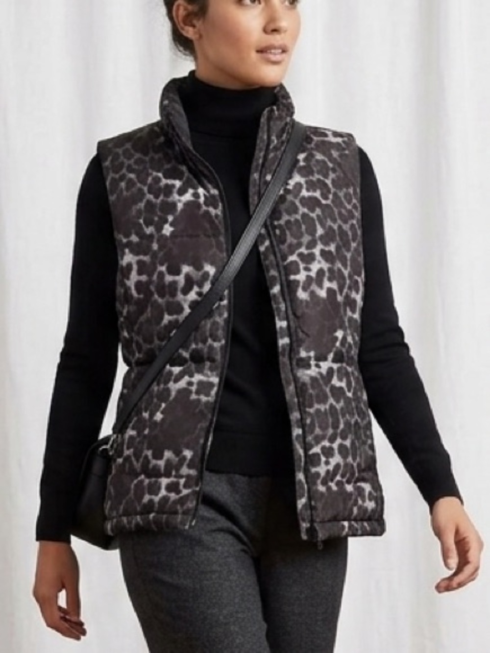 Cleo Gray Black Leopard Print Puffer Vest Quilted Full Zip Sleeveless Coat 1756
